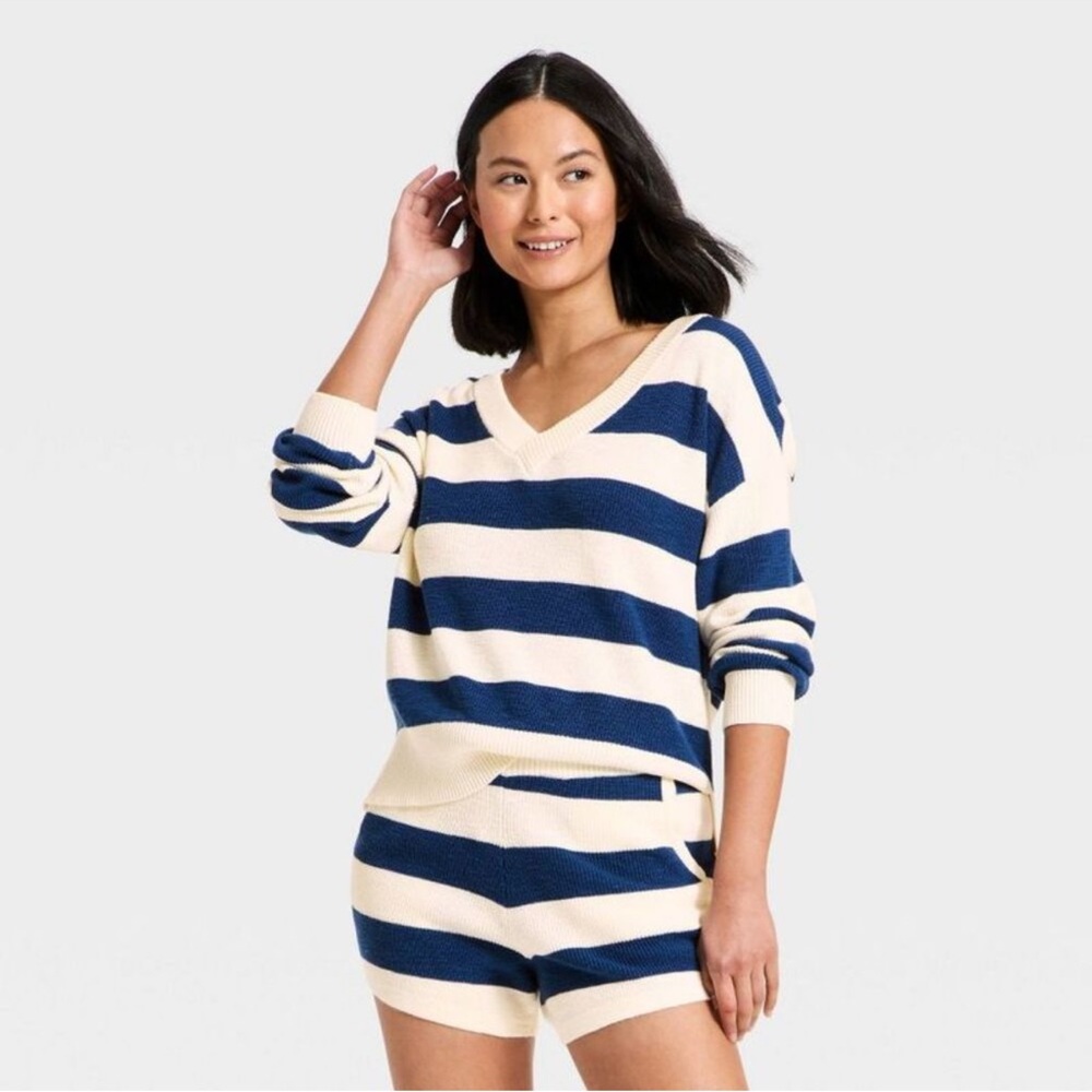 JoyLab - Women's Striped V-Neck Sweater Top - Navy Blue/Cream - XXS or XS